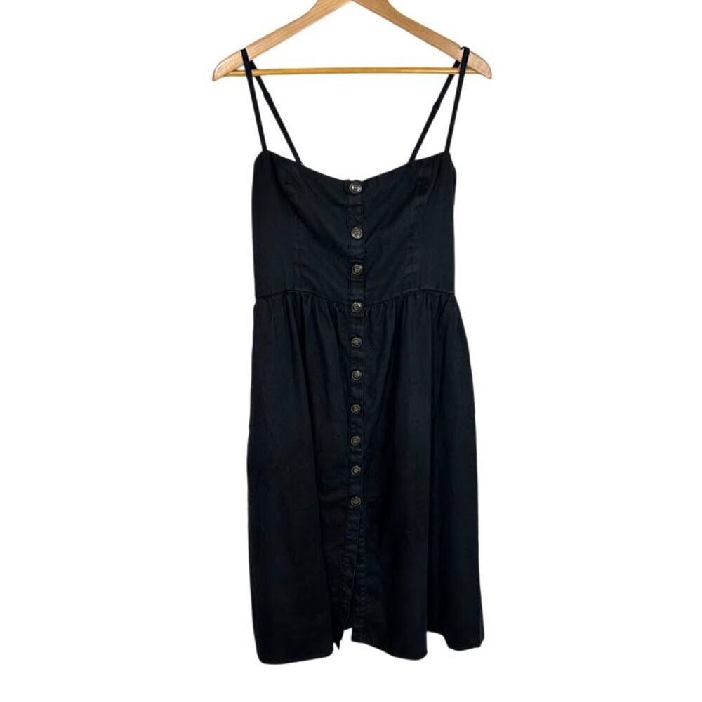 Reformation Thelma 100% Linen Midi Dress 12 Black Button Front Spaghetti Strap
